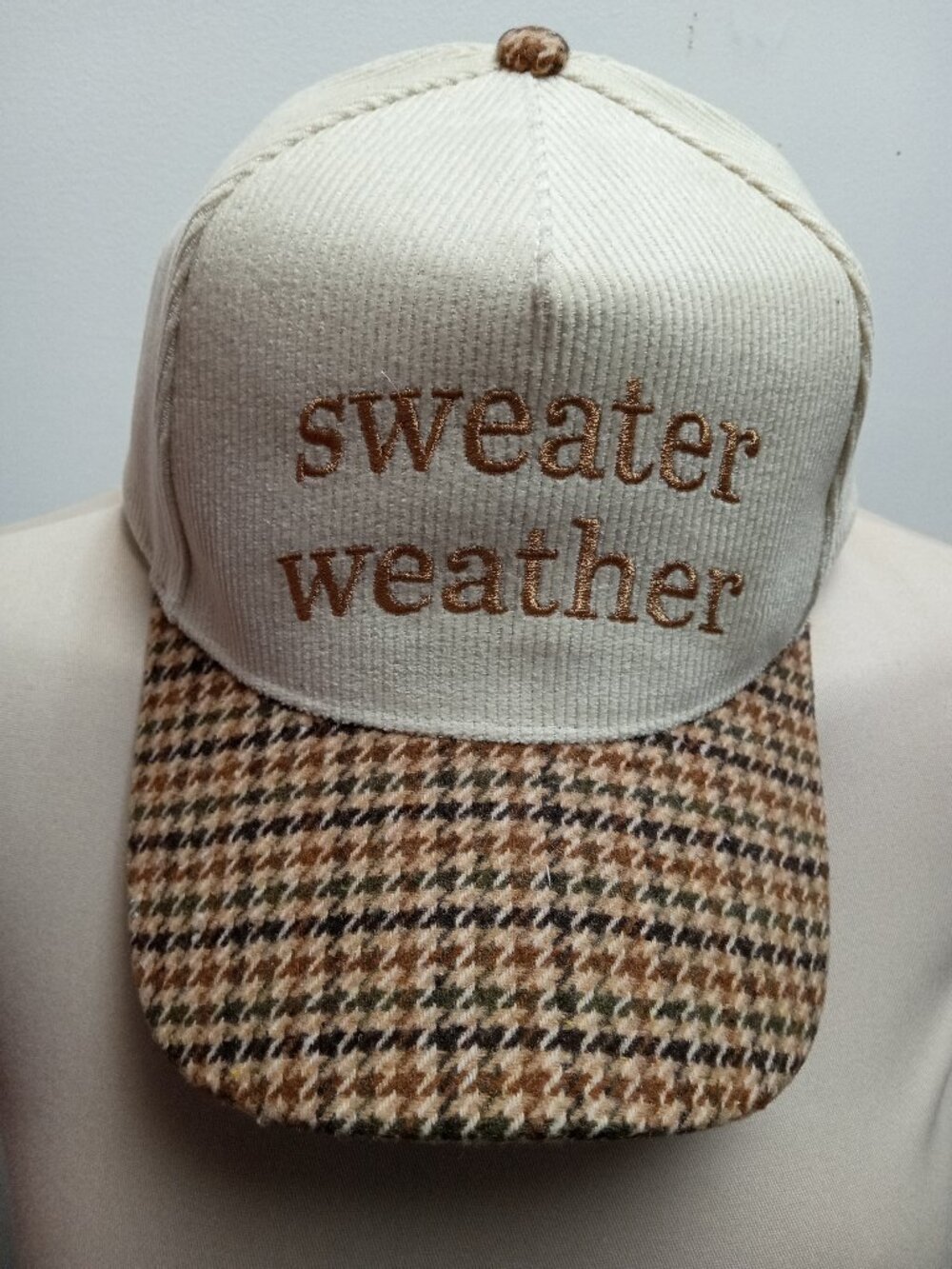 Sweater Weather Embroidered Corduroy Beige Plaid Brim Fall Hat-OMG906